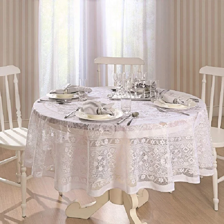 Suppliers In Wholesale White Elegant Lace Cover Floral Jacquard Round Table Cloths Fabric For Wedding Party, Factory