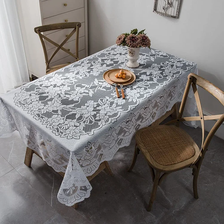 Suppliers In Wholesale Rectangle Cover White Jacquard Tulle Party Polyester Floral Lace Wedding Tablecloth Fabric, Factory